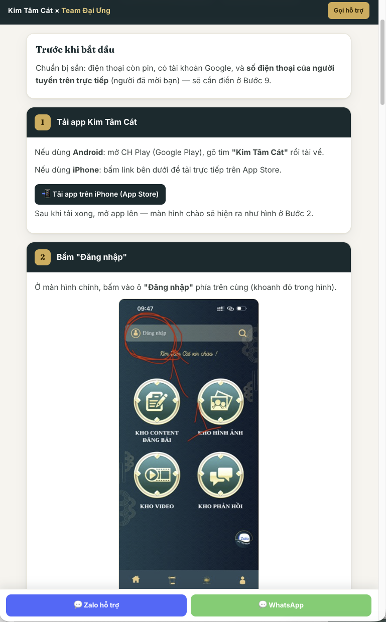Trang hướng dẫn cài app do người học tự làm — các bước đánh số, mỗi bước một ảnh màn hình khoanh đỏ đúng nút phải bấm